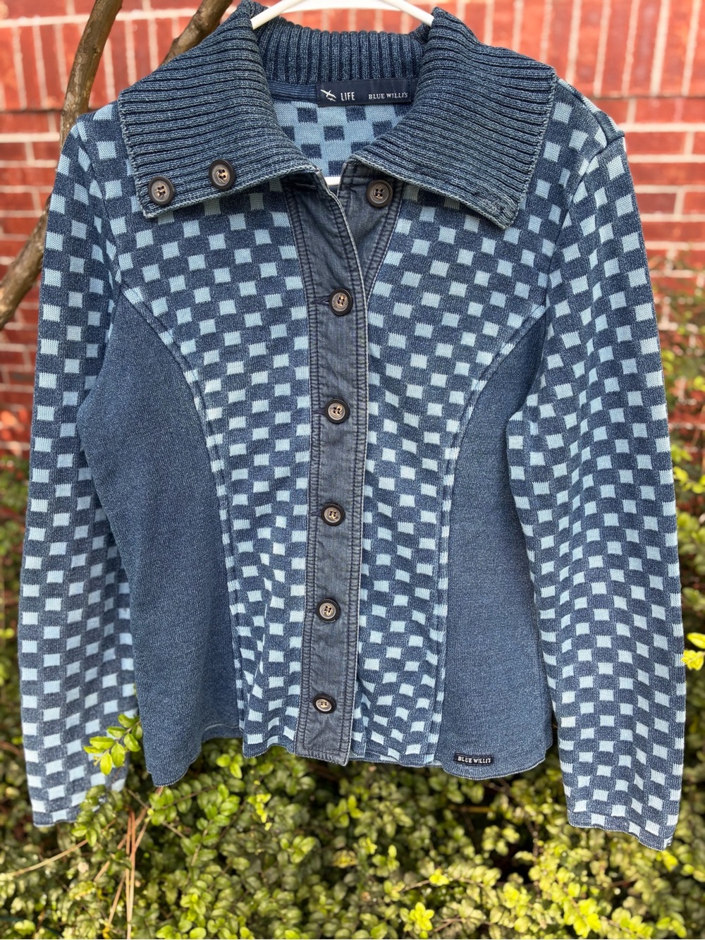 BLUE WILLI’S Danish Vintage Indigo Dye Checkered Knit Sweater Jacket Size M